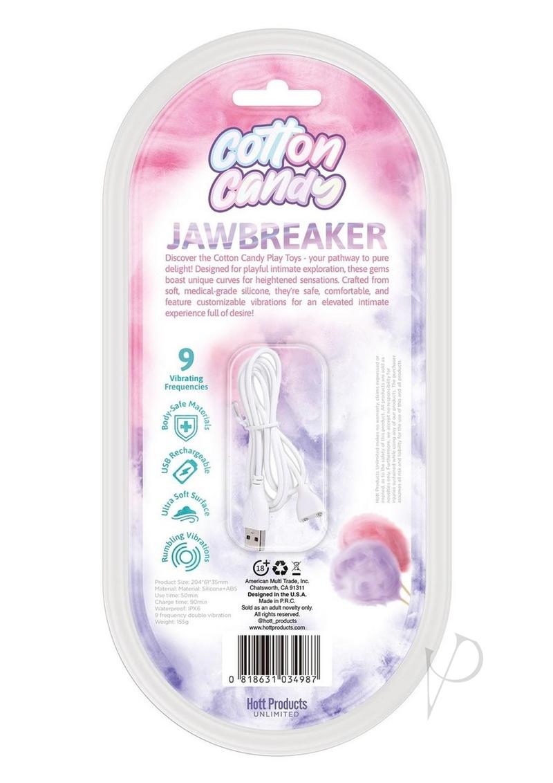 Cotton Candy Jawbreaker Silicone Rabbit Vibrator packaging with product details and USB charging information.
