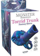 Monster Romance Torrid Trunk Penis Sleeve Purple Multicolor packaging featuring a vibrant elephant trunk design.