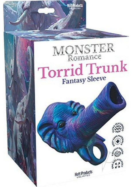 Monster Romance Torrid Trunk Penis Sleeve Purple Multicolor packaging featuring a vibrant elephant trunk design.