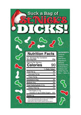 Nutrition facts for Suck a Bag of St Nicks Dicks Holiday Candy 3 oz, featuring festive phallic-shaped candies.