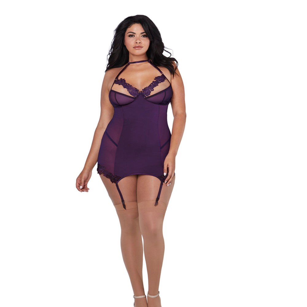 Dreamgirl Microfiber and Mesh Garter Slip With Underwire Shelf Bra Plum Queen