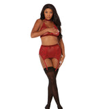 Dreamgirl Fishnet and Lace Four-Piece Set With Stretch Velvet Trim Accents Garnet OS