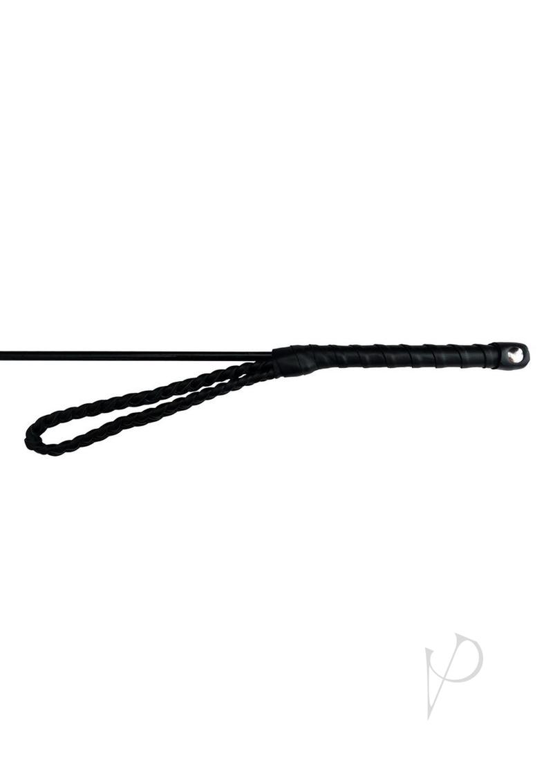 Fetish Play Riding Crop Vegan Leather Black with a braided handle and flexible shaft for BDSM precision.