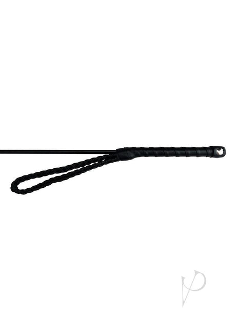 Fetish Play Riding Crop Vegan Leather Black with a braided handle and flexible shaft for BDSM precision.