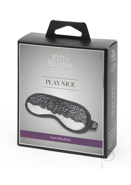 Fifty Shades of Grey Play Nice Satin and Lace Blindfold packaging with black lace detail.