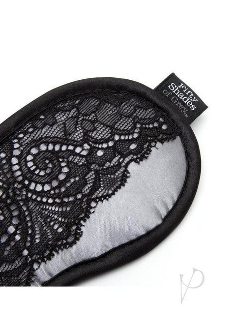 Fifty Shades of Grey Play Nice Satin and Lace Blindfold showing luxurious black lace over soft silver satin.