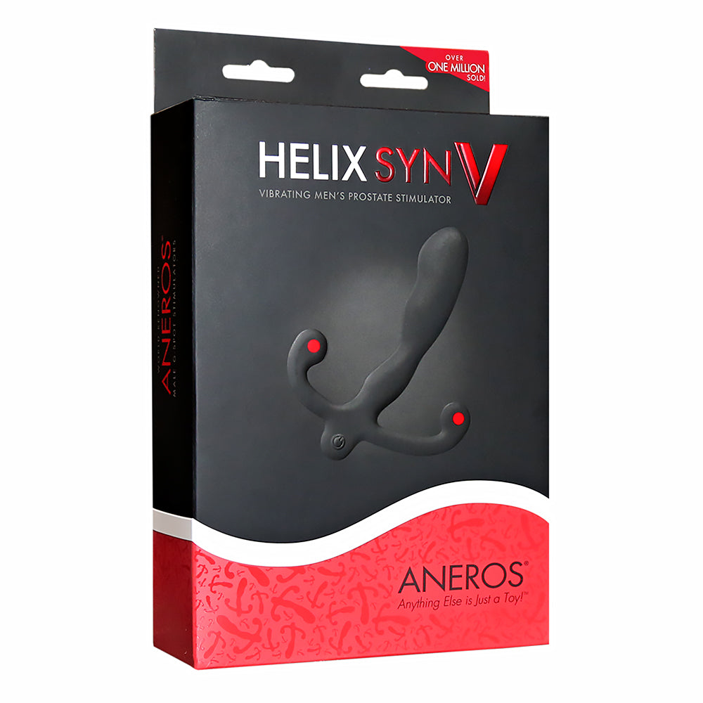 Aneros Helix Syn V Vibrating Prostate Stimulator packaging featuring ergonomic design and vibrant accents.