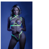 Fantasy Lingerie Glow In A Trance Harness Bra, Garter Belt Neon Chartreuse L/XL