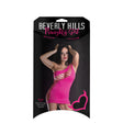 Ladies Sexy Underboob One Shoulder Dress Wild Holes Pink packaging featuring a model in a daring pink dress.