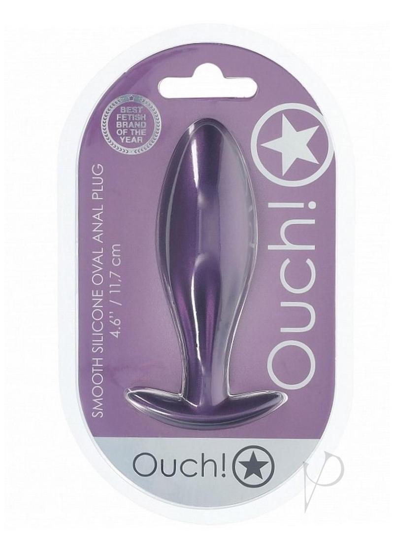Ouch Oval Anal Plug Silicone Metallic Purple packaging featuring smooth silicone design, 4.6 inches length.