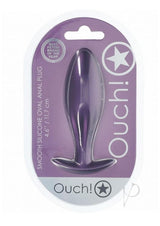 Ouch Oval Anal Plug Silicone Metallic Purple packaging featuring smooth silicone design, 4.6 inches length.