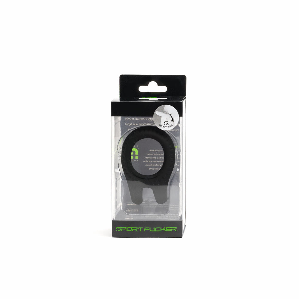 Sport Fucker Cockpit Ring Black packaging on display, highlighting its premium silicone design and ergonomic shape.