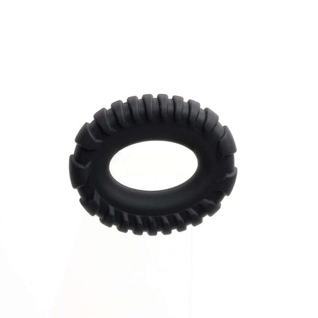 Sport Fucker Traction Ring Silicone Cock Ring in black silicone, featuring a textured surface for enhanced grip and comfort.