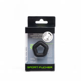Sport Fucker Pentagon Silicone Cock Ring packaging featuring a black silicone cock ring for snug fit and durability.