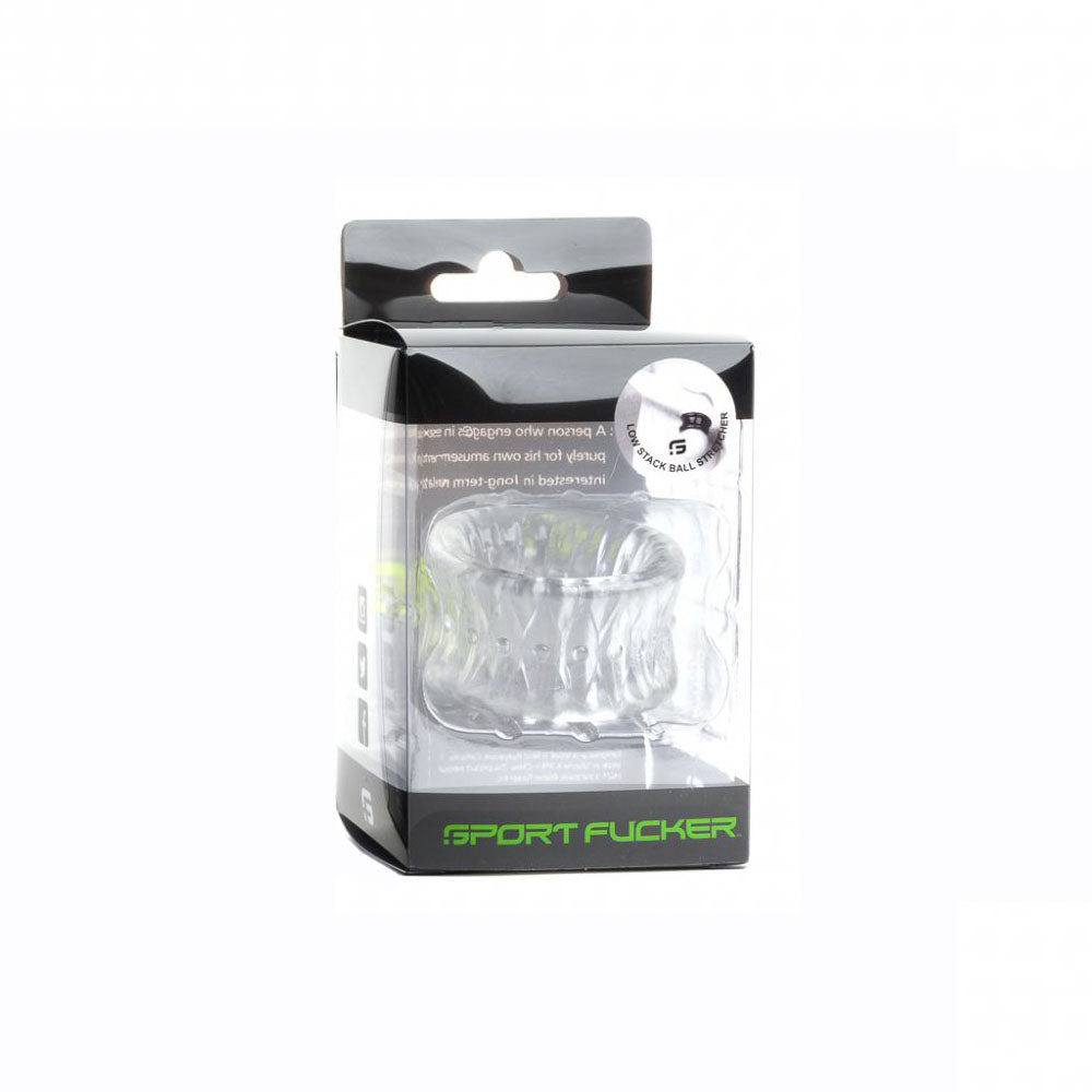 Sport Fucker Low Stack Ball Stretcher Clear packaging showcasing its unique design and features.