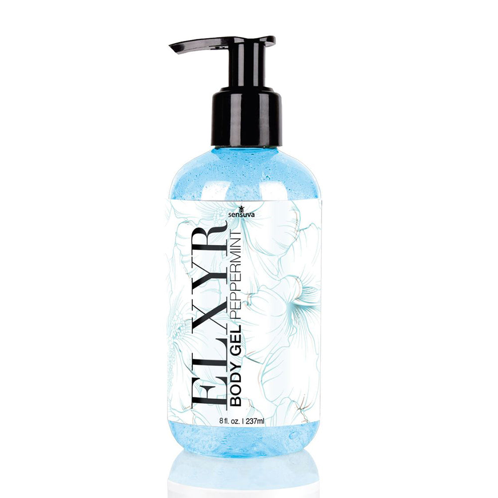 Sensuva Elxyr Body Gel Peppermint 8 oz bottle with pump lid, refreshing blue gel for revitalizing skin and muscles.