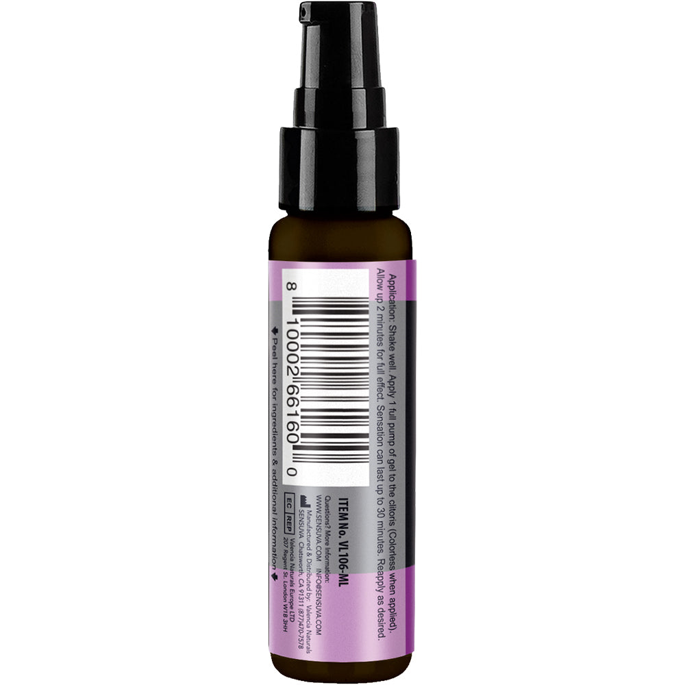 Sensuva On Ultra Arousal Gel 1 Oz bottle with label and pump top, showcasing essential oils and usage instructions.