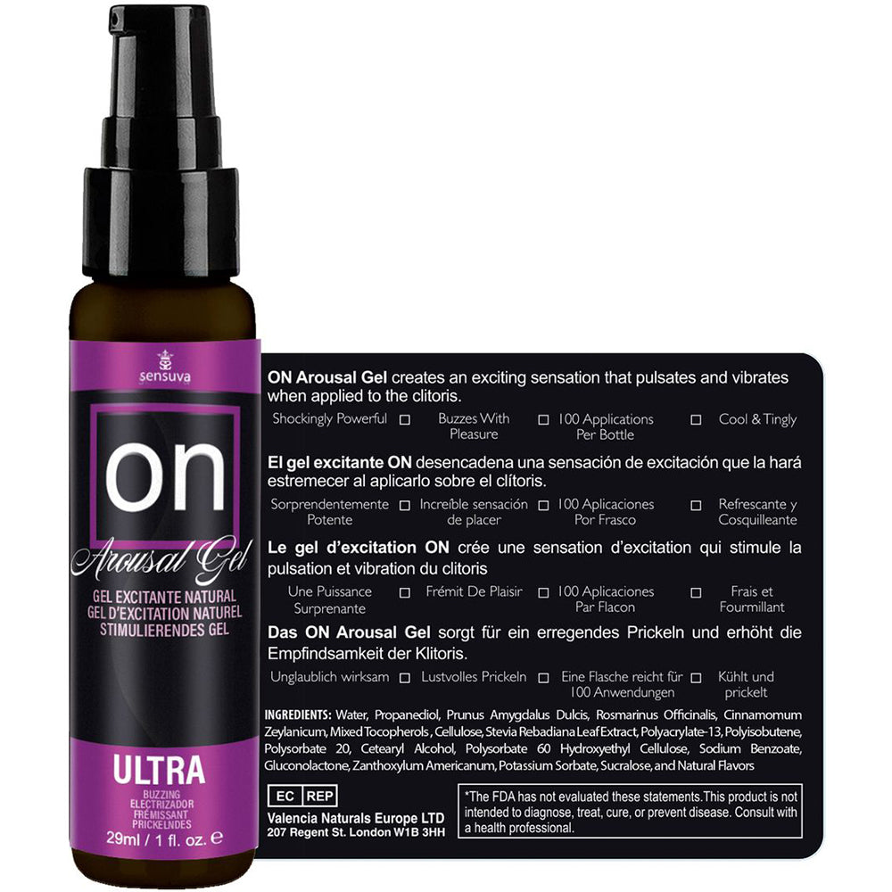 Sensuva On Ultra Arousal Gel 1 Oz bottle featuring a premium water-based formula for enhanced intimate sensations.