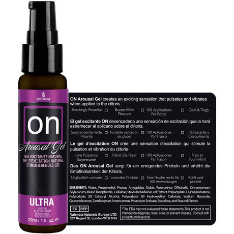 Sensuva On Ultra Arousal Gel 1 Oz bottle featuring a premium water-based formula for enhanced intimate sensations.