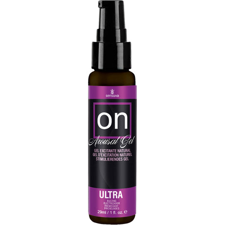 Sensuva On Ultra Arousal Gel 1 Oz in a bottle with a pump top for enhanced intimate sensations.