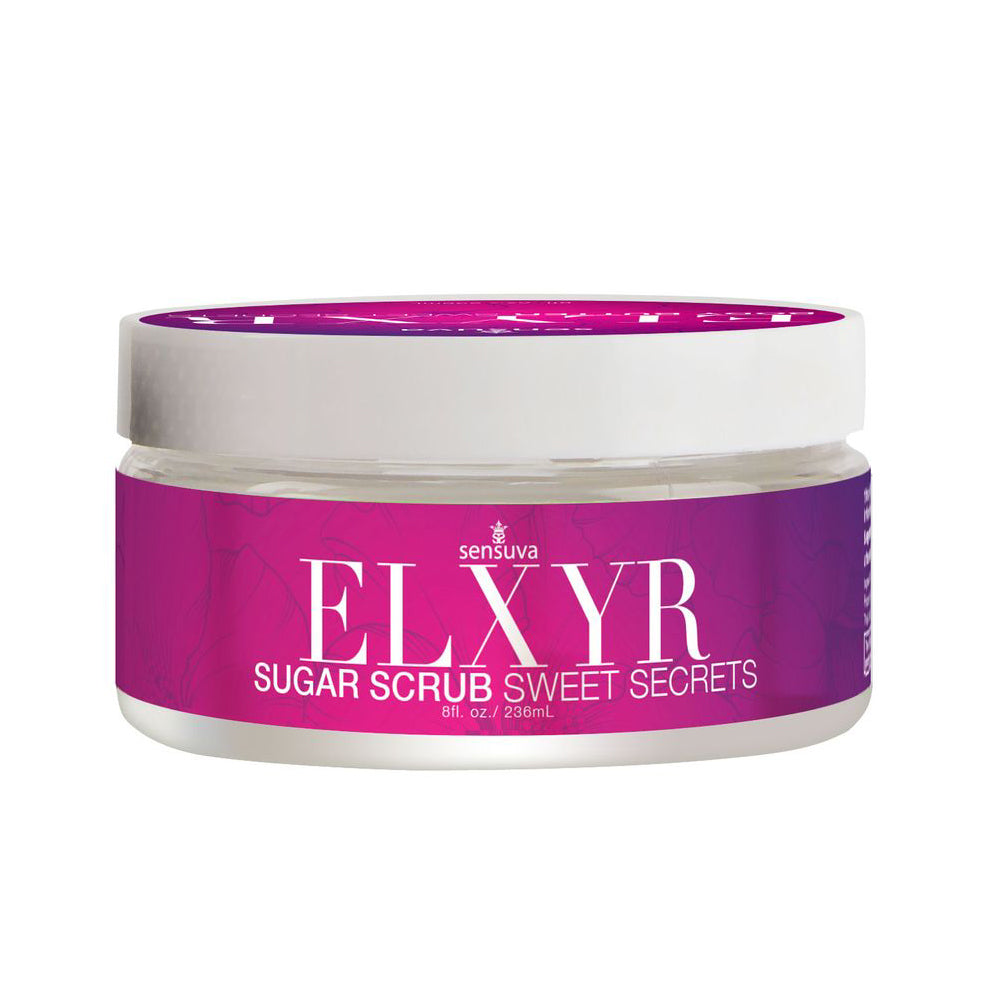 Sensuva Sweet Secrets Sugar Foot Scrub 8 Oz in clear jar with a purple lid for soft, smooth feet.