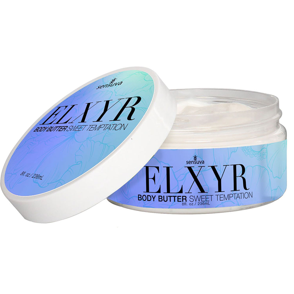Sensuva Body Butter Sweet Temptations 8 Oz jar with lid open, showcasing rich, creamy moisturizer inside.