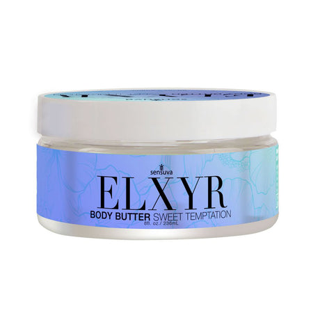 Sensuva Body Butter Sweet Temptations 8 Oz in a clear jar with a blue label and white lid, designed for luxurious skincare.