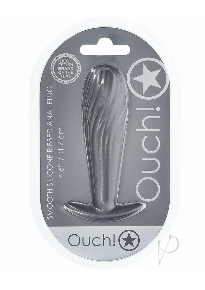 Ouch Ribbed Anal Plug Silicone Gun Metal displayed in packaging with product details.