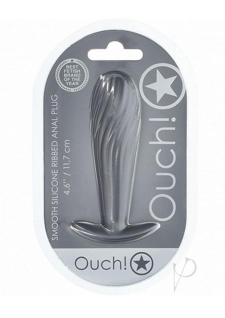 Ouch Ribbed Anal Plug Silicone Gun Metal displayed in packaging with product details.