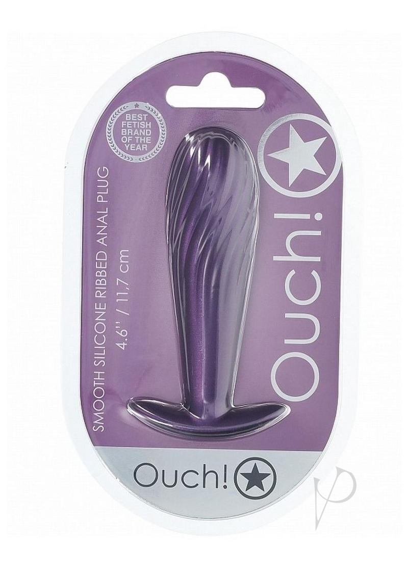 Ouch Ribbed Anal Plug Silicone Metallic Purple in packaging showcasing smooth silicone design and vibrant purple color.