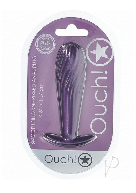 Ouch Ribbed Anal Plug Silicone Metallic Purple in packaging showcasing smooth silicone design and vibrant purple color.