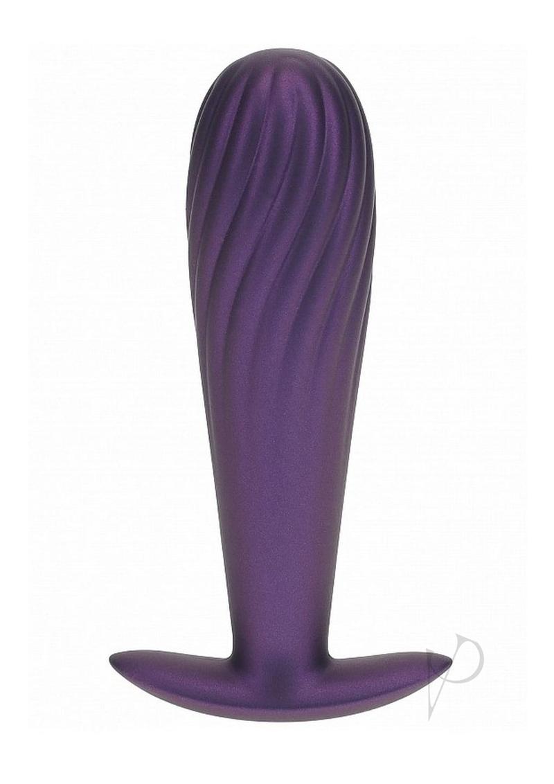 Ouch Ribbed Anal Plug Silicone Metallic Purple featuring a ribbed design and a sleek, shiny purple finish.