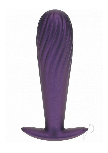 Ouch Ribbed Anal Plug Silicone Metallic Purple featuring a ribbed design and a sleek, shiny purple finish.