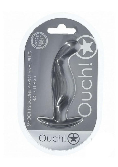 Ouch P-Spot Anal Plug Silicone Gun Metal packaging displaying smooth silicone design for prostate stimulation.
