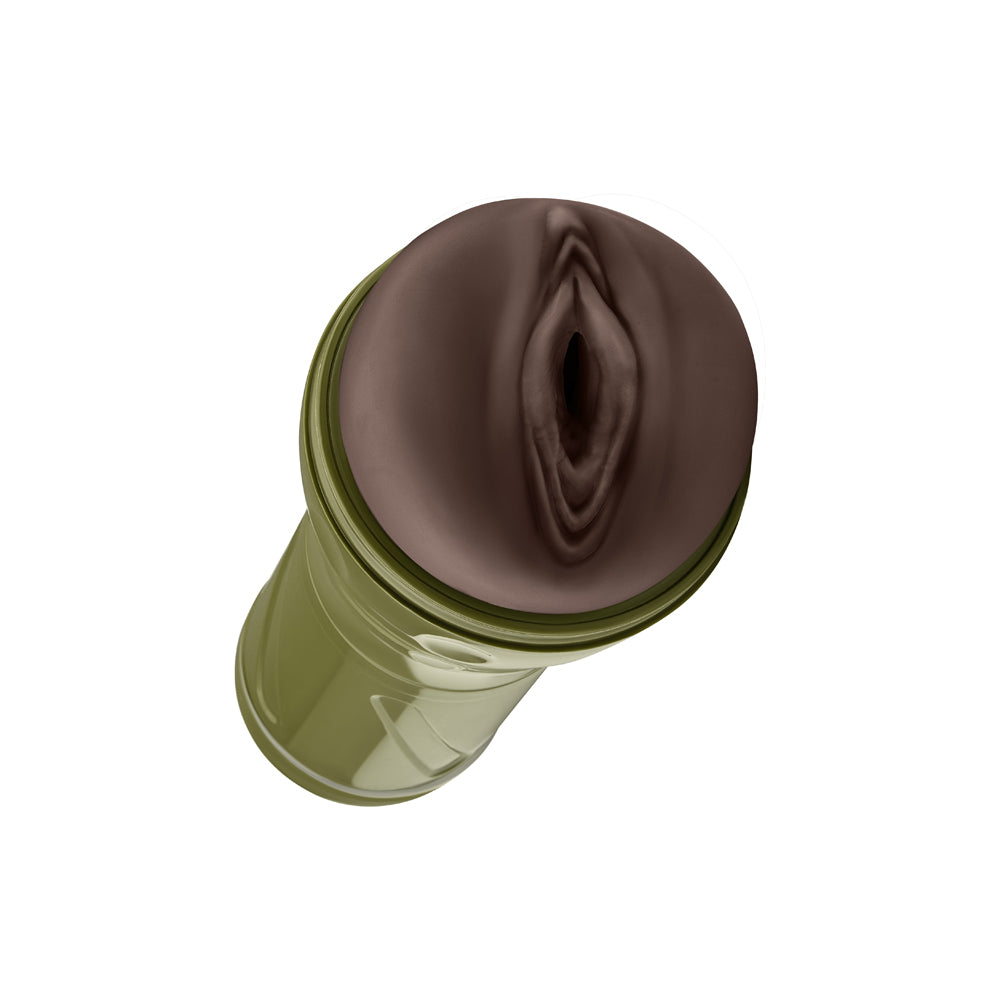 Forto Model V-20 Hard Side Vagina Stroker Dark top view showcasing realistic design and gripping feature.