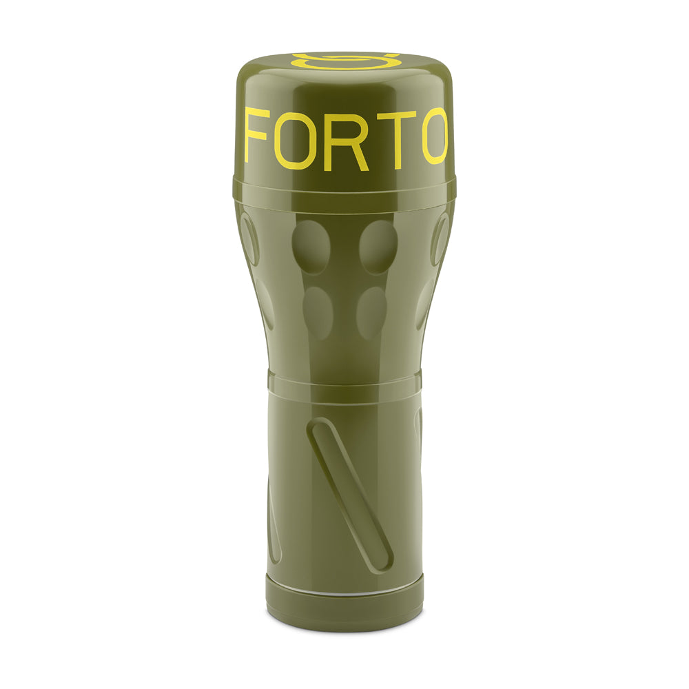 Forto Model V-20 Hard Side Vagina Stroker Dark in an olive green casing with bold lettering.