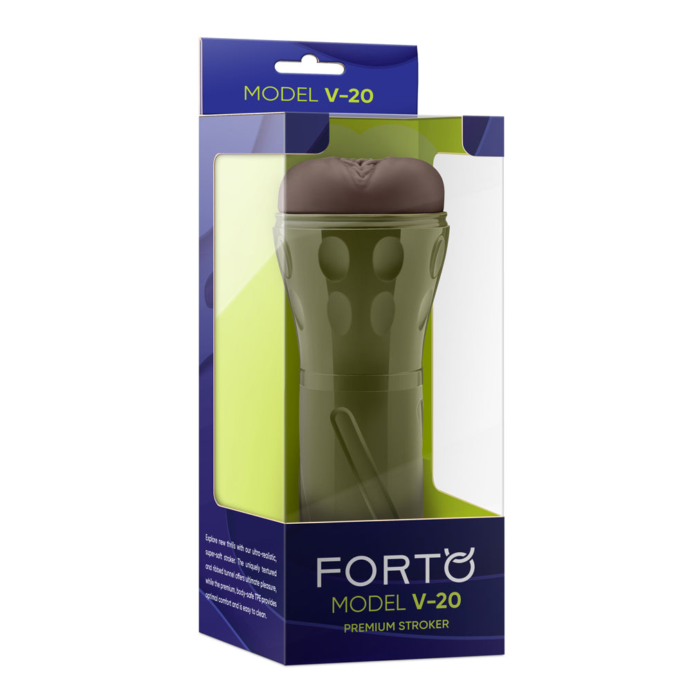 Forto Model V-20 Hard Side Vagina Stroker Dark packaging view, showcasing its premium design and features.