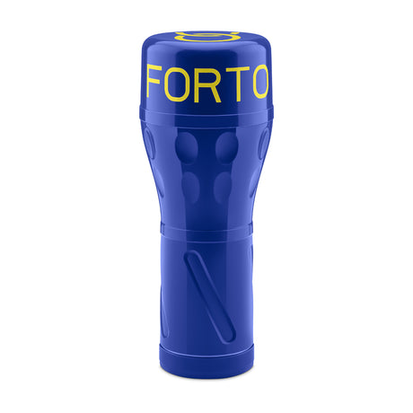 Forto Model B-02 Ribbed TPE Stroker Light in blue with yellow branding for a realistic pleasure experience.