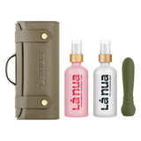 La Nua Strawberry Coconut Bullet Vibrator Gift Set with accessories in olive green pouch and cleaning sprays.