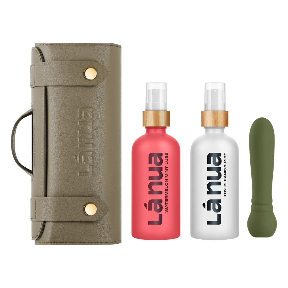 La Nua Watermelon Mint Bullet & Lube Gift Set including a compact vibrator, watermelon mint lube, and toy cleaner.