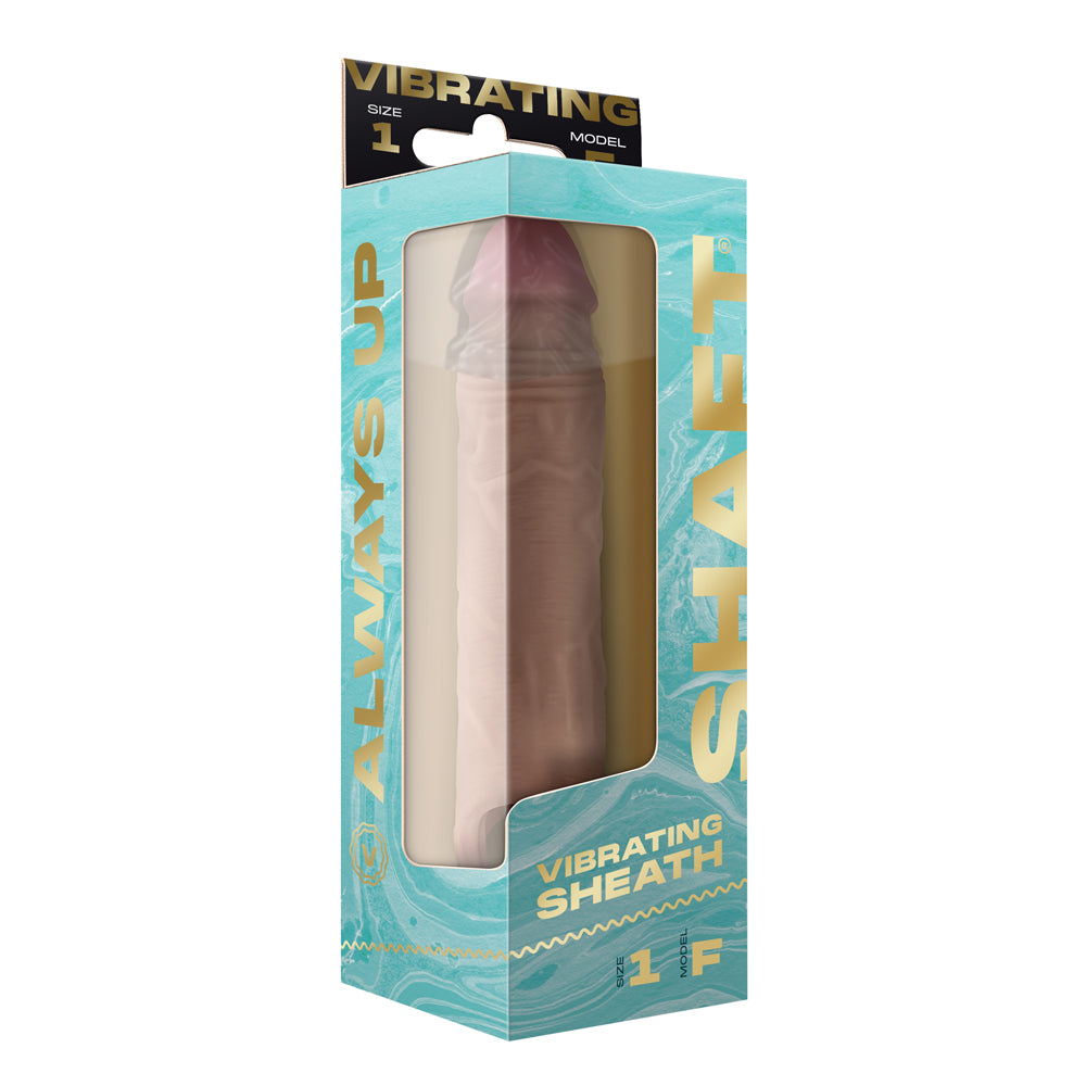 Shaft Vibrating Model F Sheath Size 2 Pine packaging featuring vibrant design and lifelike silicone cover.