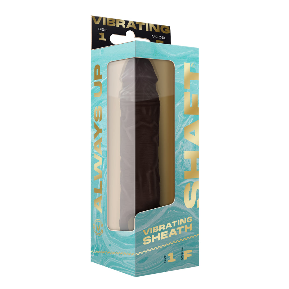 Shaft Vibrating Model F Sheath Size 2 Mahogany in packaging, showcasing a sleek design for intimacy and stimulation.
