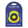 Forto F-43 Tiered Cock & Ball Ring Black packaging featuring 100% silicone material.
