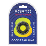 Forto F-43 Tiered Cock & Ball Ring Black packaging featuring 100% silicone material.