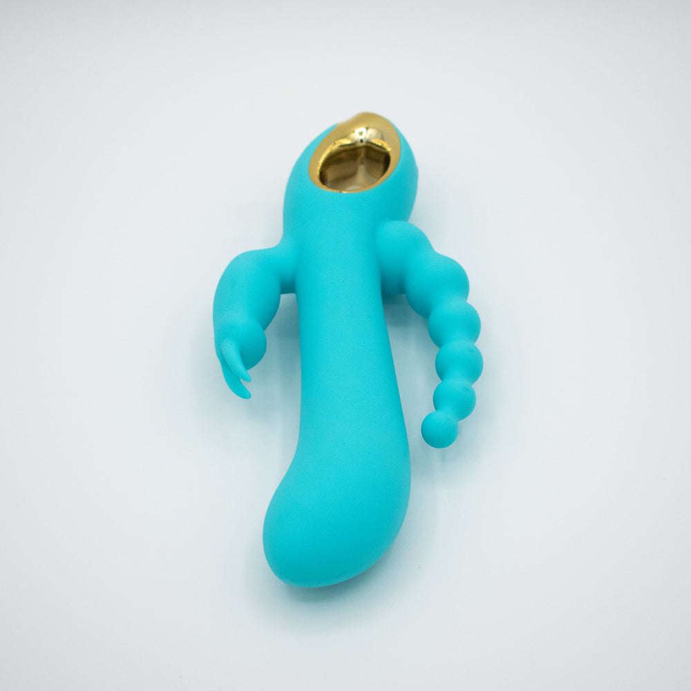 Mighty Magic Clit G-Spot Anal Vibrator Aqua displaying its sleek aqua design and multifunctional features.