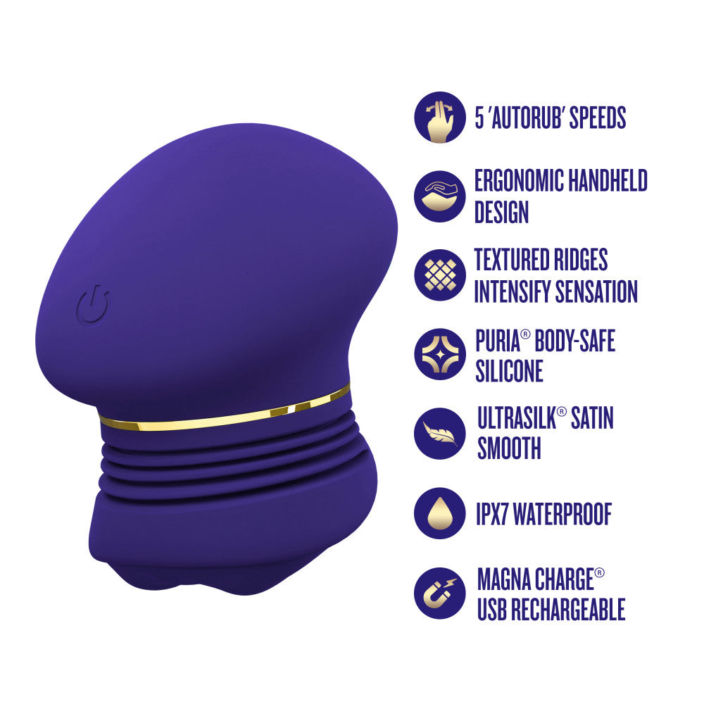 The Blush Collection Riana Clitoral Stimulator Royal Indigo features ergonomic design, textured ridges, and rechargeable functionality.