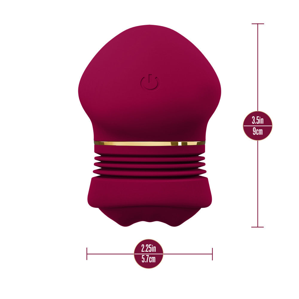Blush Riana Mulberry Wine Clitoral Stimulator showcasing dimensions and design details.
