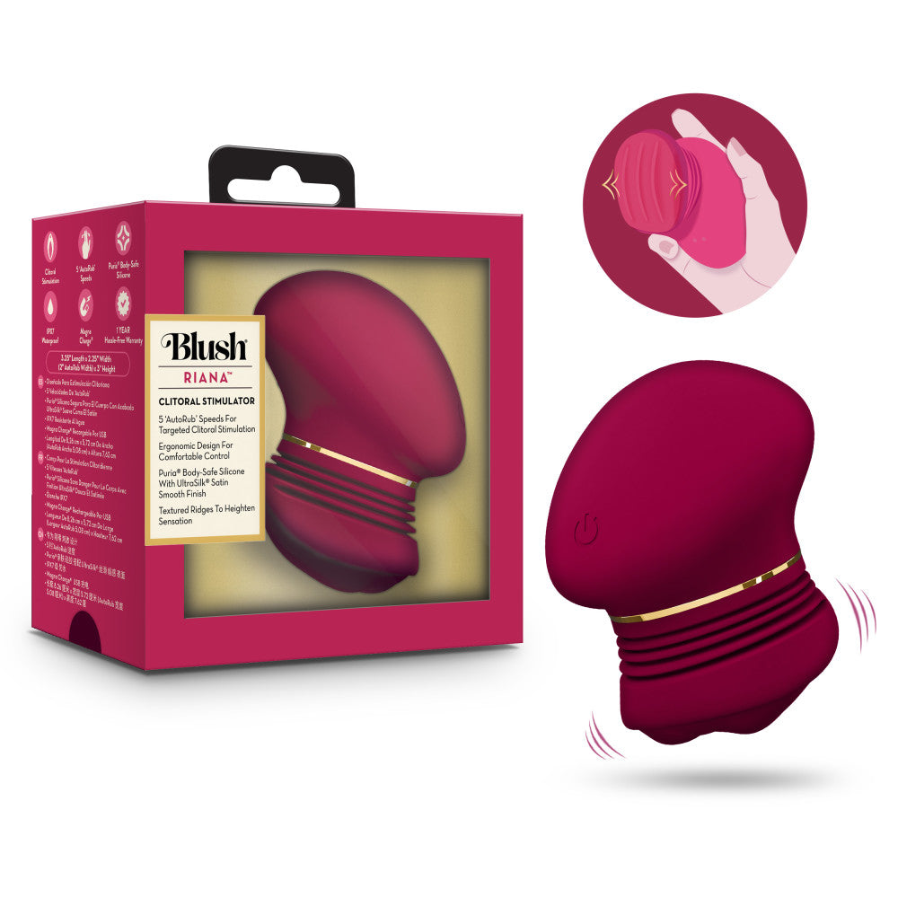 Blush Riana Mulberry Wine Clitoral Stimulator in packaging with user demonstration of its ergonomic design.