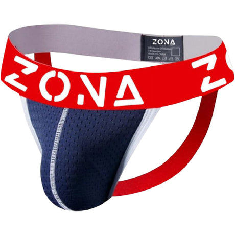 Zona Navy Rush Men's Jockstrap Small with a red waistband and navy pouch, offering comfort and support for active wear.