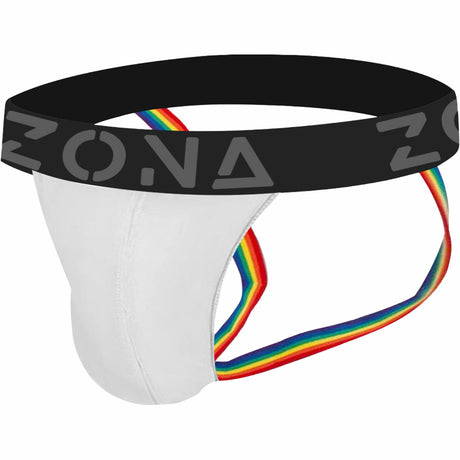 Zona Snow Pride Pulse Jockstrap Small featuring a wide black waistband and colorful rainbow straps for modern style and comfort.